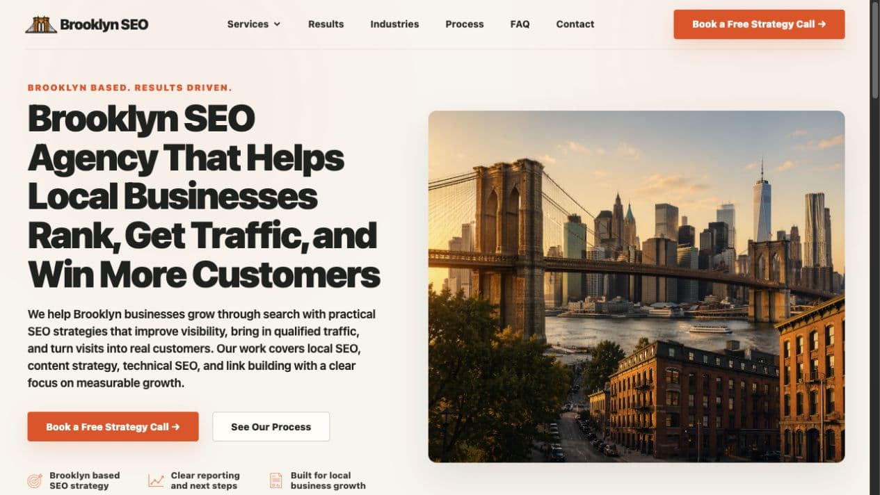 Brooklyn SEO homepage shown as a web design review example